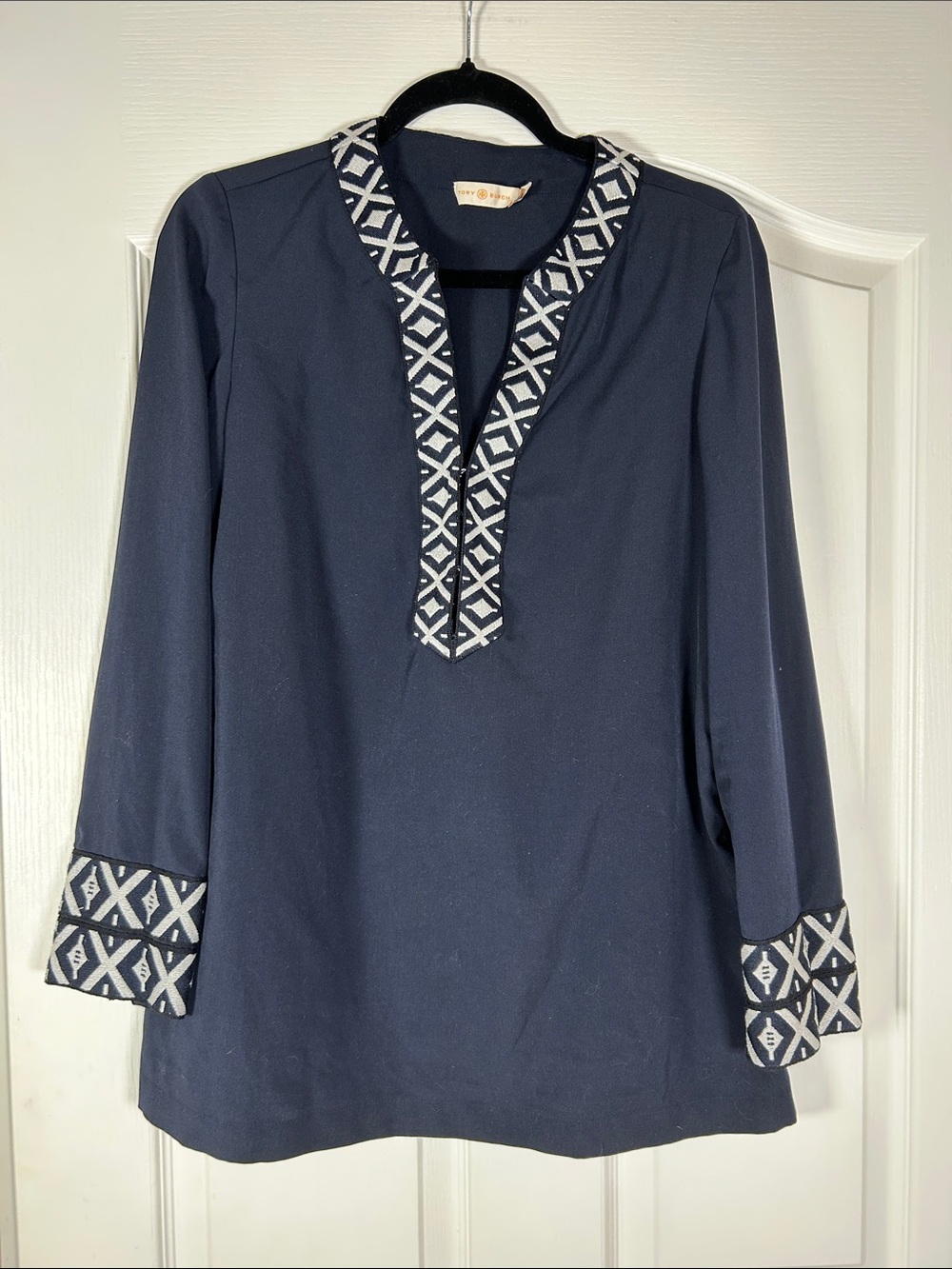 Tory Burch Navy Tunic with White Geometric Trim size 10